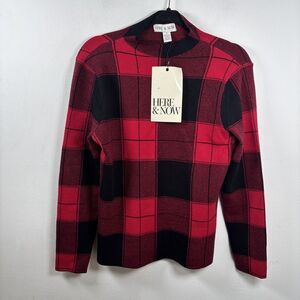Here & Now Plaid Sweater Womens M Red Black Buffalo Check Knit Mock Neck NWT